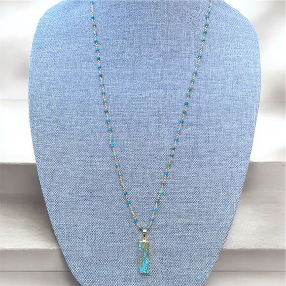 NWT New Aviva Stanoff Lux Tribe Blue Turquoise Gold Bar Necklace - Picture 2 of 8